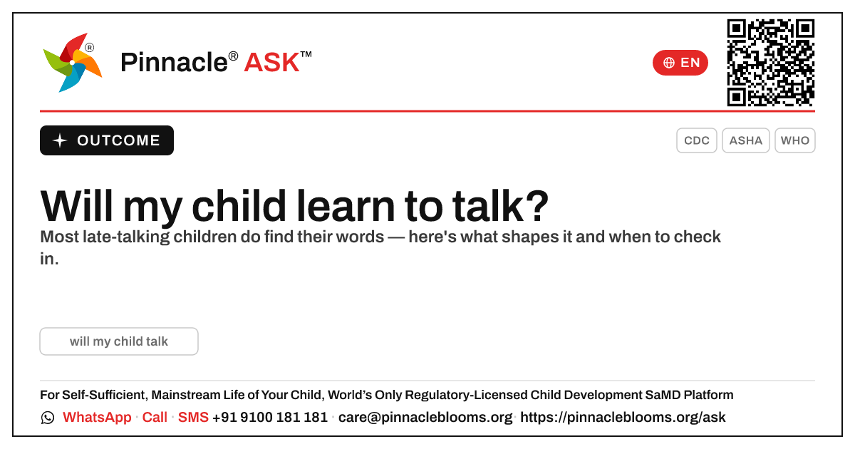 Will my child learn to talk? — Pinnacle Ask answer card with a short explanation and QR link