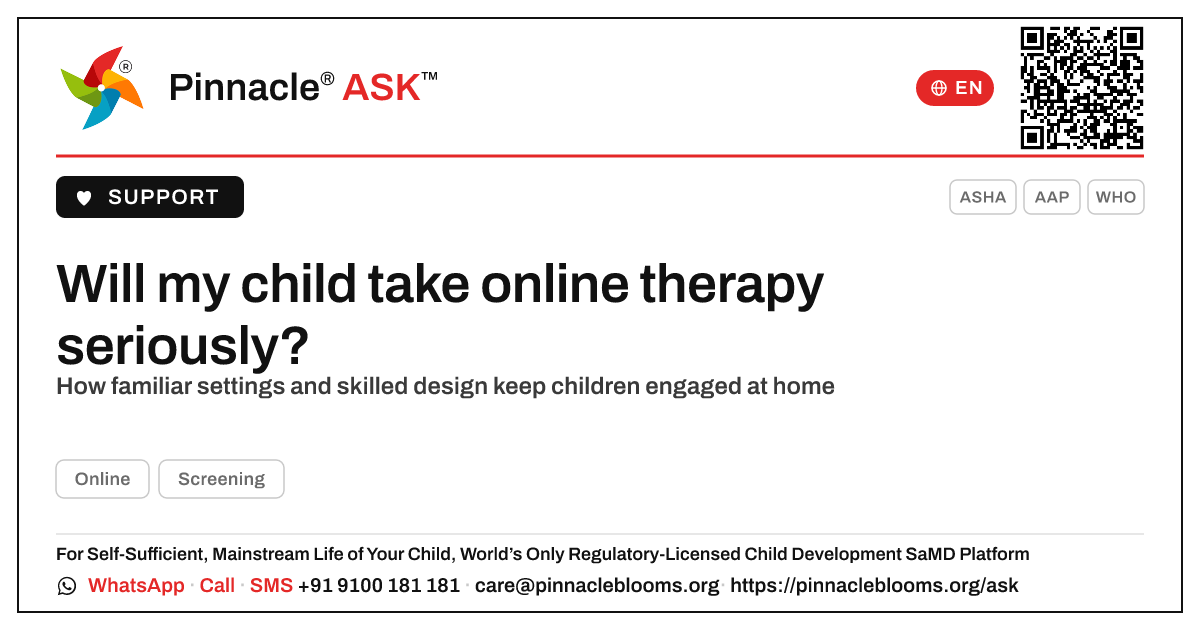 Will my child take online therapy seriously? — Pinnacle Ask answer card with a short explanation and QR link