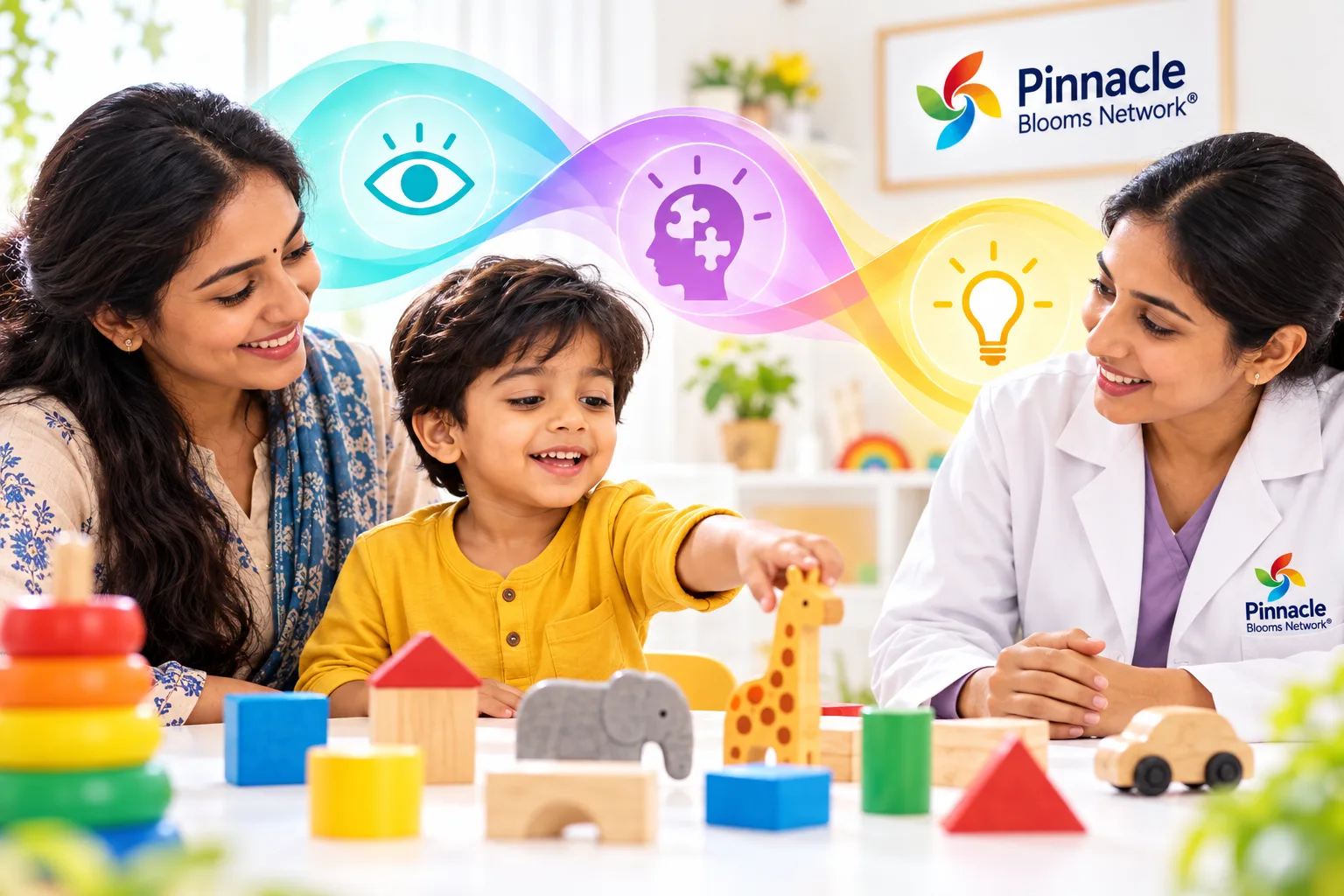 Illustrated child choosing a toy while a parent and Pinnacle professional observe in a bright play setting.