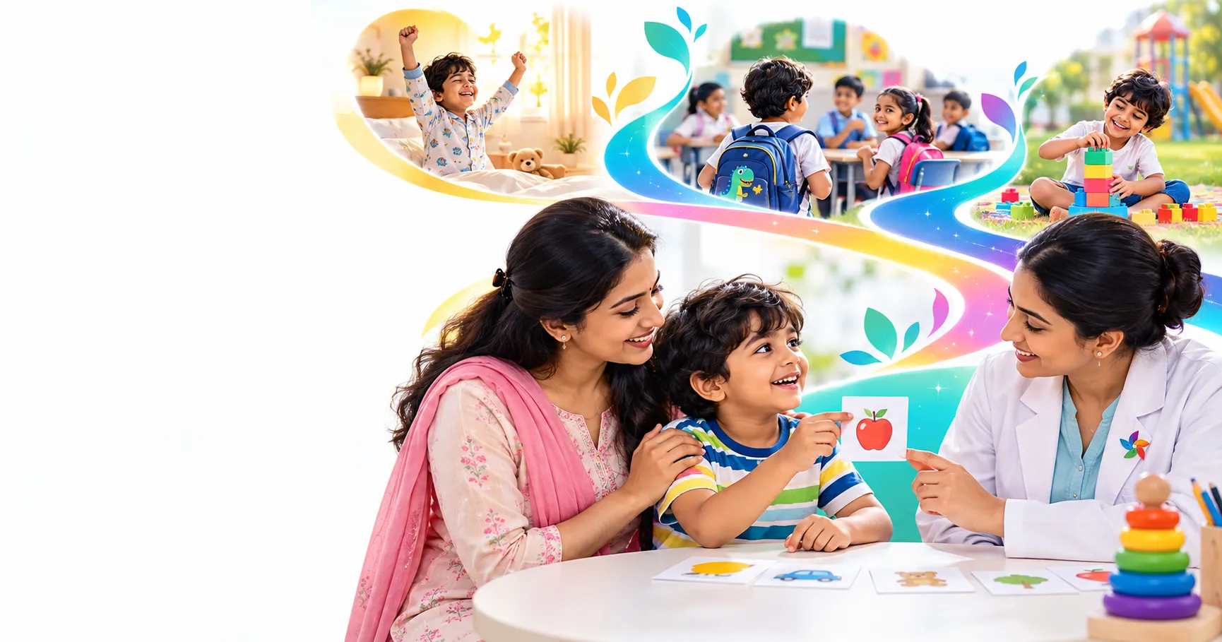An Indian child uses a picture card to share a choice with his mother and a child-development professional; home, school and play moments appear along a colourful pathway.