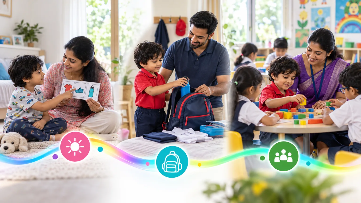The same Indian child communicates a choice with his mother, prepares a school bag with his father and participates with a teacher and peers in a classroom.