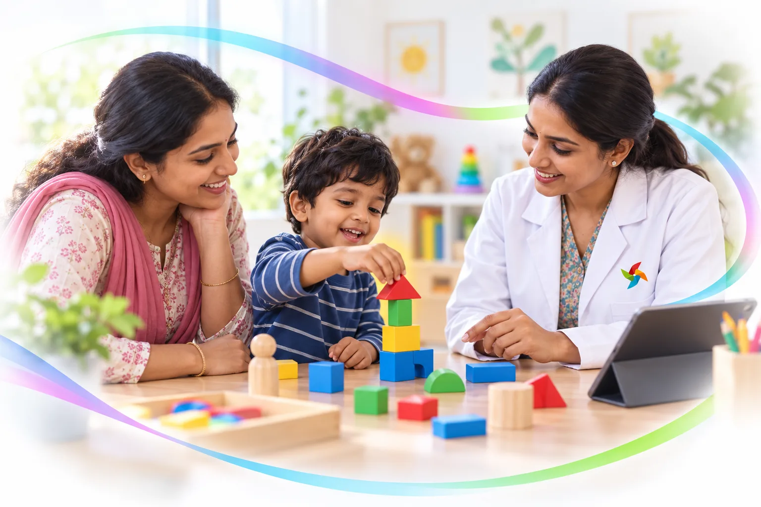 Illustrative first conversation: a Pinnacle professional listens to a parent and child and explains the next step.