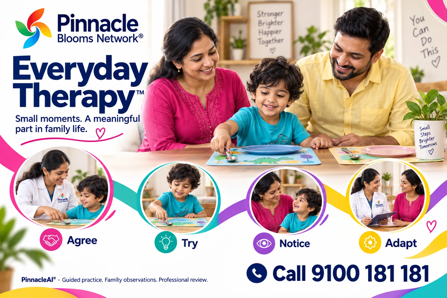 Everyday Therapy: a young child and parents prepare the family table, connected with Pinnacle professional guidance and review through Agree, Try, Notice and Adapt.