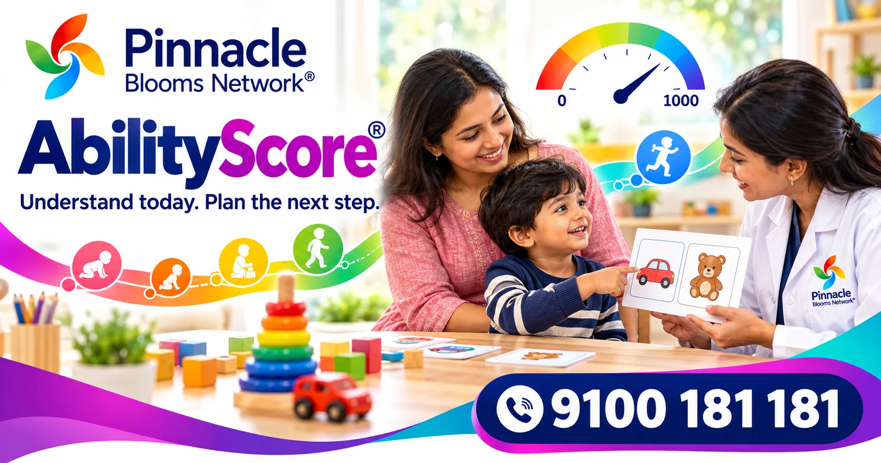 AbilityScore branded illustration: a child choosing a favourite activity with family and a Pinnacle professional, beside an abstract measurement display.