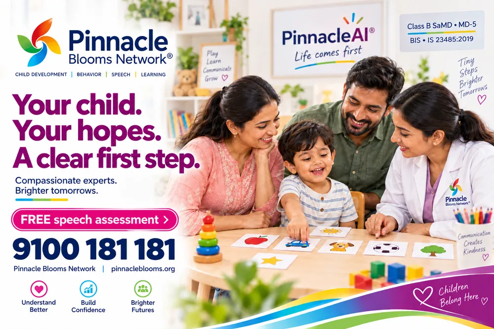 Pinnacle first-visit creative: parents and child choose picture cards with a professional; Your child, your hopes, a clear first step; FREE speech assessment and 9100 181 181.