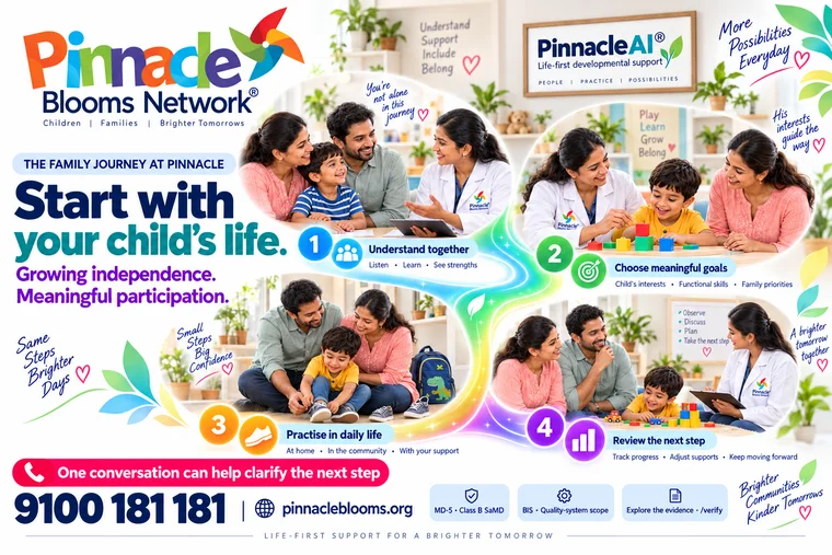 Illustrative Pinnacle family journey: a family and professional understand the child, choose goals, practise together and review progress.